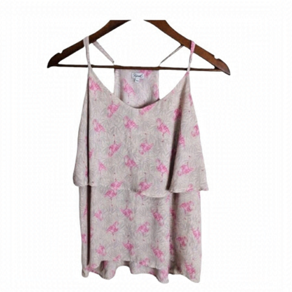 4/$45 KISMET Pink Grey Unique Flamingo Print Sleeveless Ruffle Tank Top Medium - Picture 1 of 6